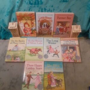 Complete Little House On The Prairie 9 paperback Book Set By Laura Ingalls Wilder! All have some cover wear. Big Woods & Farmer boy have some creases/ reading wear, other books in very good shape! =0


Little House in the Big Woods - creases on cover, spine,& pages, good shape.


Farmer Boy - some spine creases, good shape.


Little House on the Prairie - very good shape.


On the Banks of Plum Creek -indent on spine (made like that) otherwise very good shape.


By the Shores of Silver Lake - vg shape.


The Long Winter - vg shape.


Little Town on the Prairie - vg shape.


These Happy Golden Years - vg shape.


The First Four Years - vg shape.